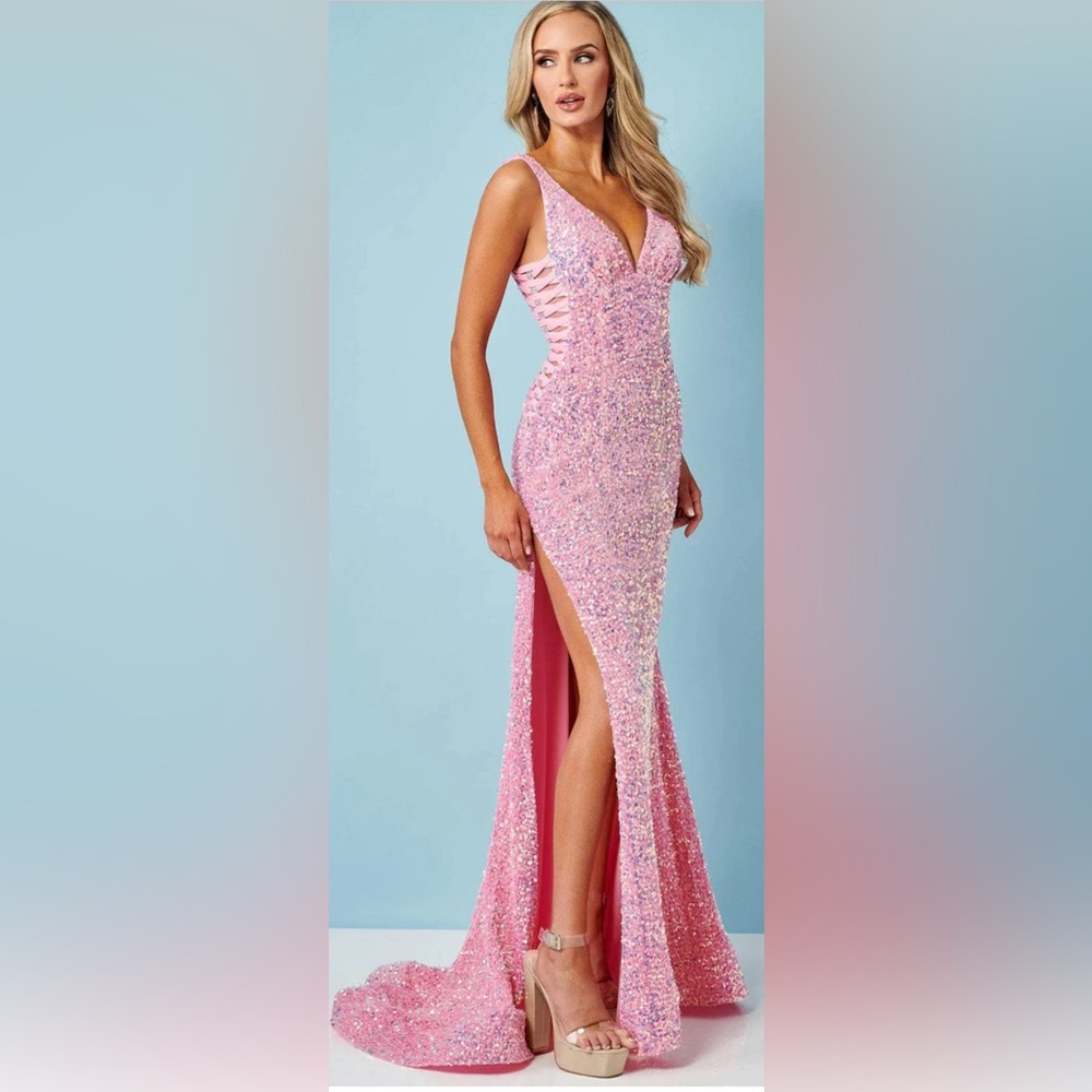 New Rachel Allan 70438 Sequined Crisscross Side Prom Gown pink new Barbie size 4